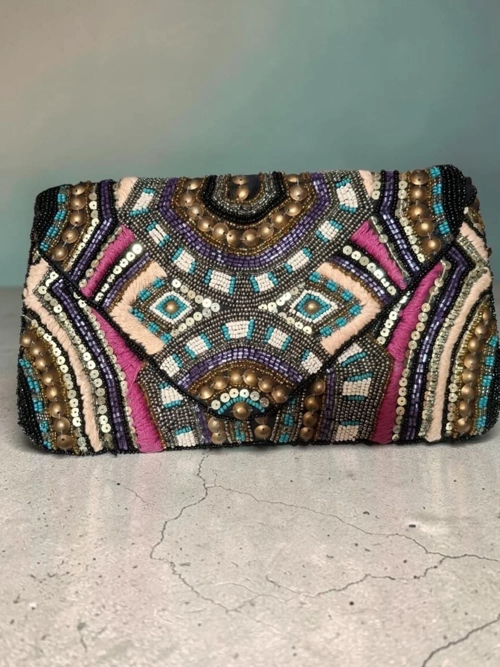 Beaded Geometric Envelope Clutch Crossbody Bag in Pink, Turquoise & Gold
